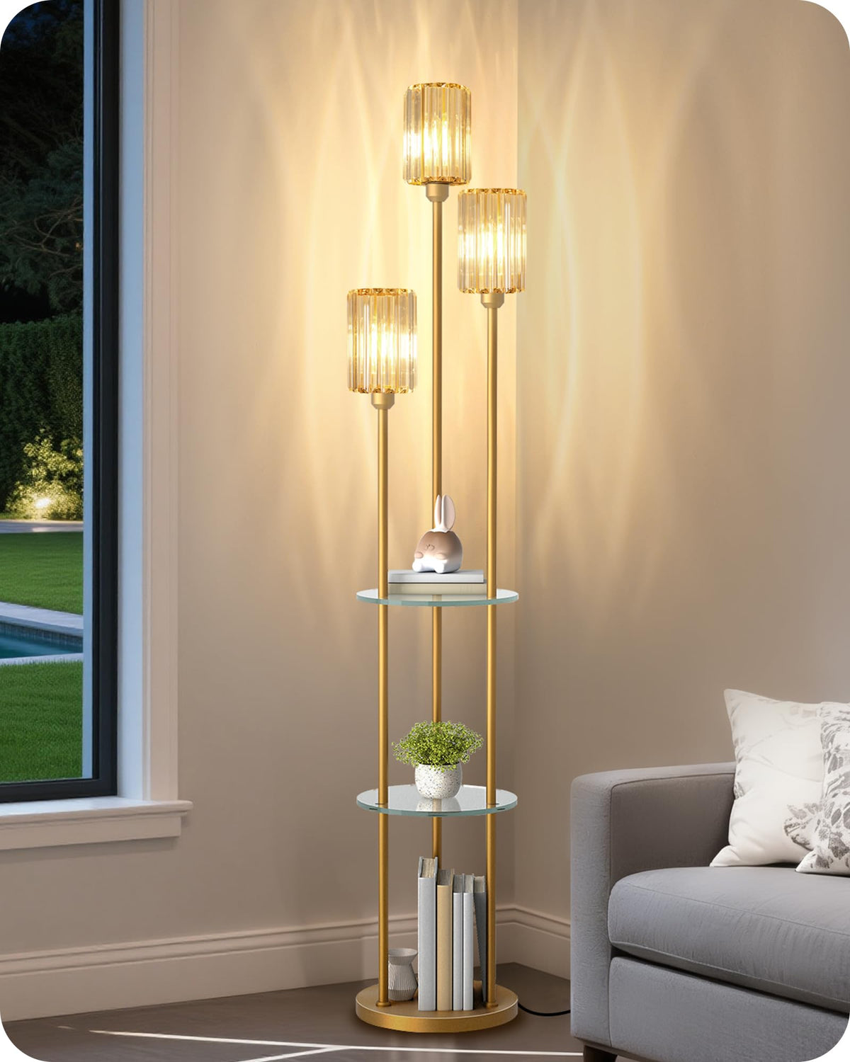 GOEBLESON 3-Light Floor Lamp with Shelves & Foot Switch