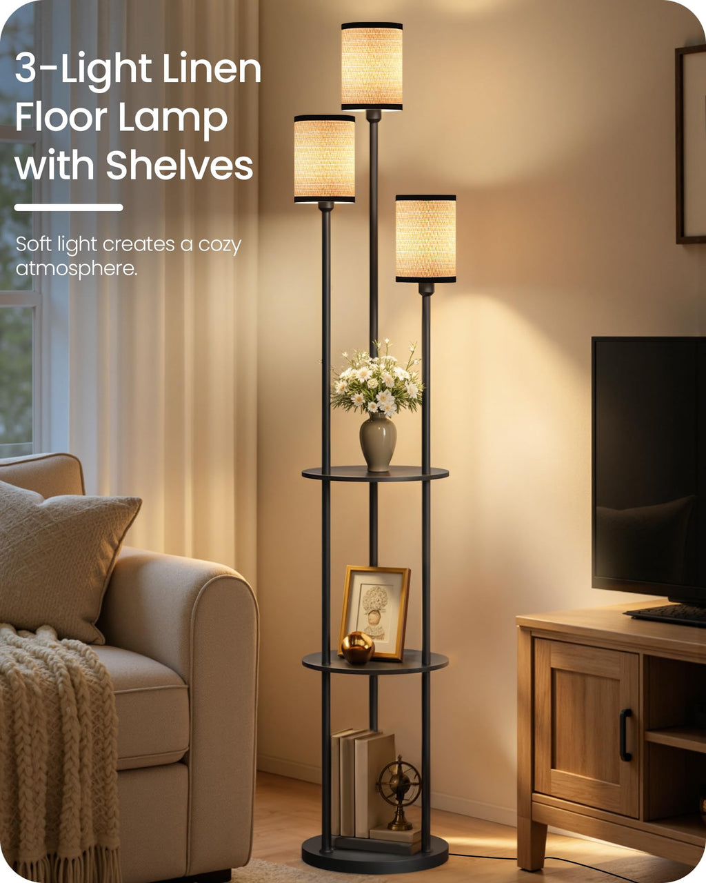 GOEBLESON 3-Light Floor Lamp with Shelves & Foot Switch