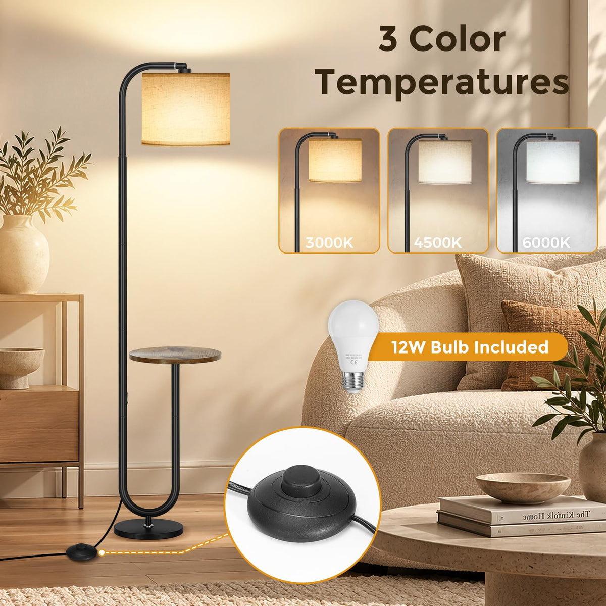 65'' Black Arc Floor Lamp with Table and Shelves with 3 Color Temperatures