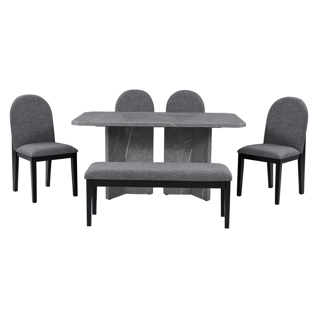 6-Piece Grey Faux Marble Dining Set with Chairs & Bench