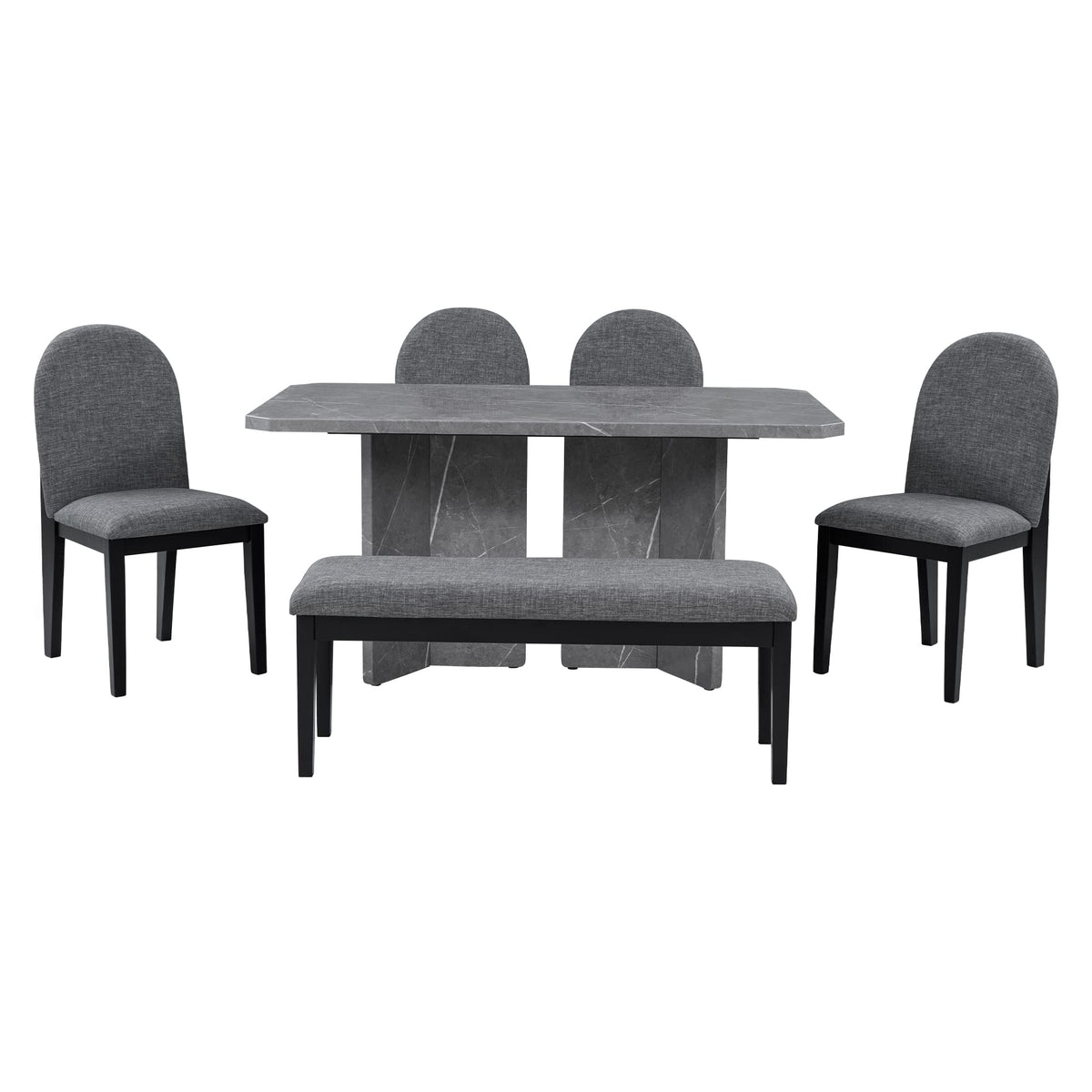 6-Piece Grey Faux Marble Dining Set with Chairs & Bench
