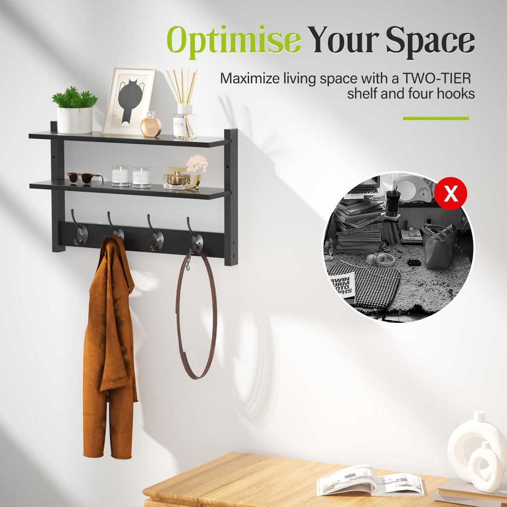 Orapoke 17-Inch Wall Shelf with 5 Double Coat Hooks