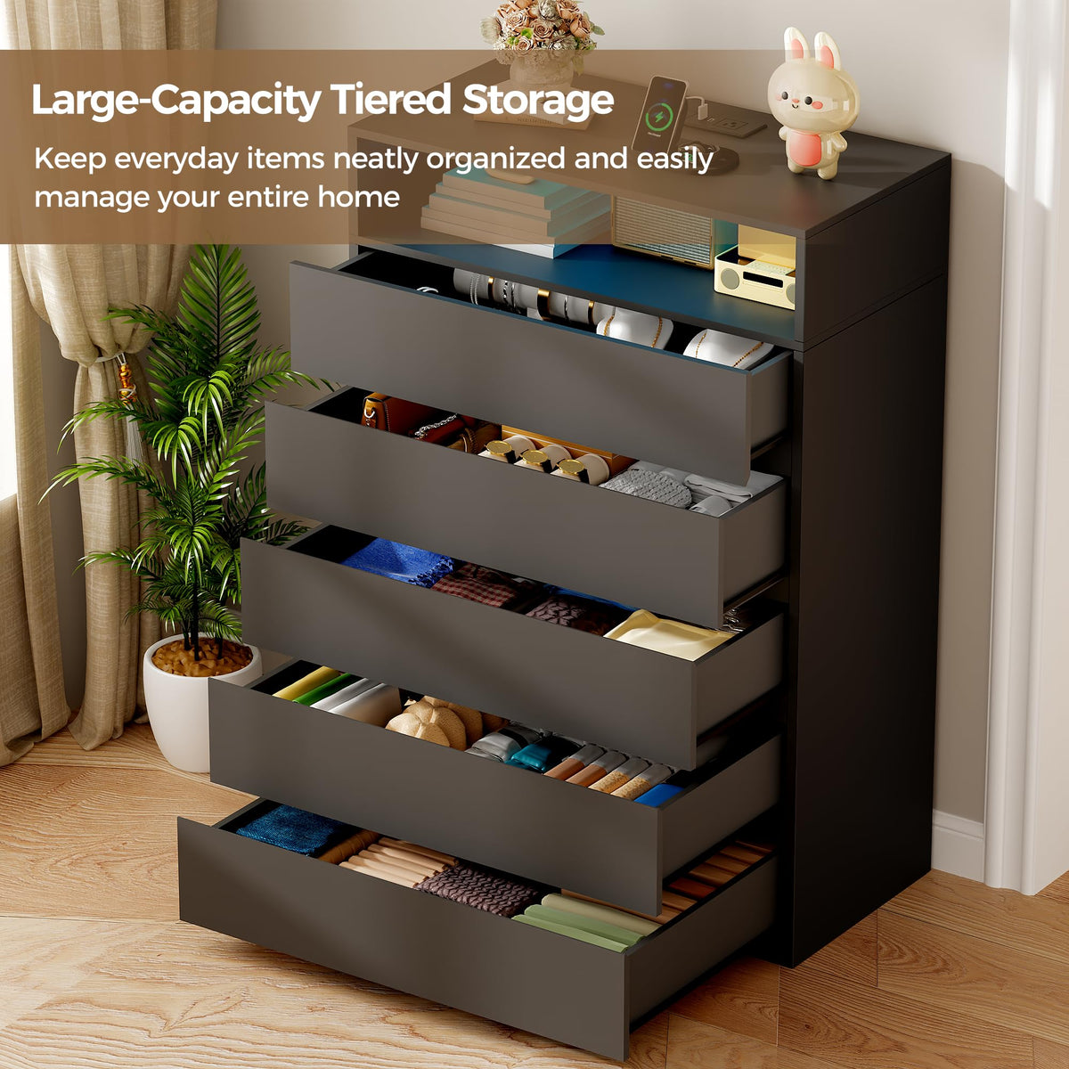 BEWISHOME Tall Dresser for Bedroom with 5 Drawers, LED Light