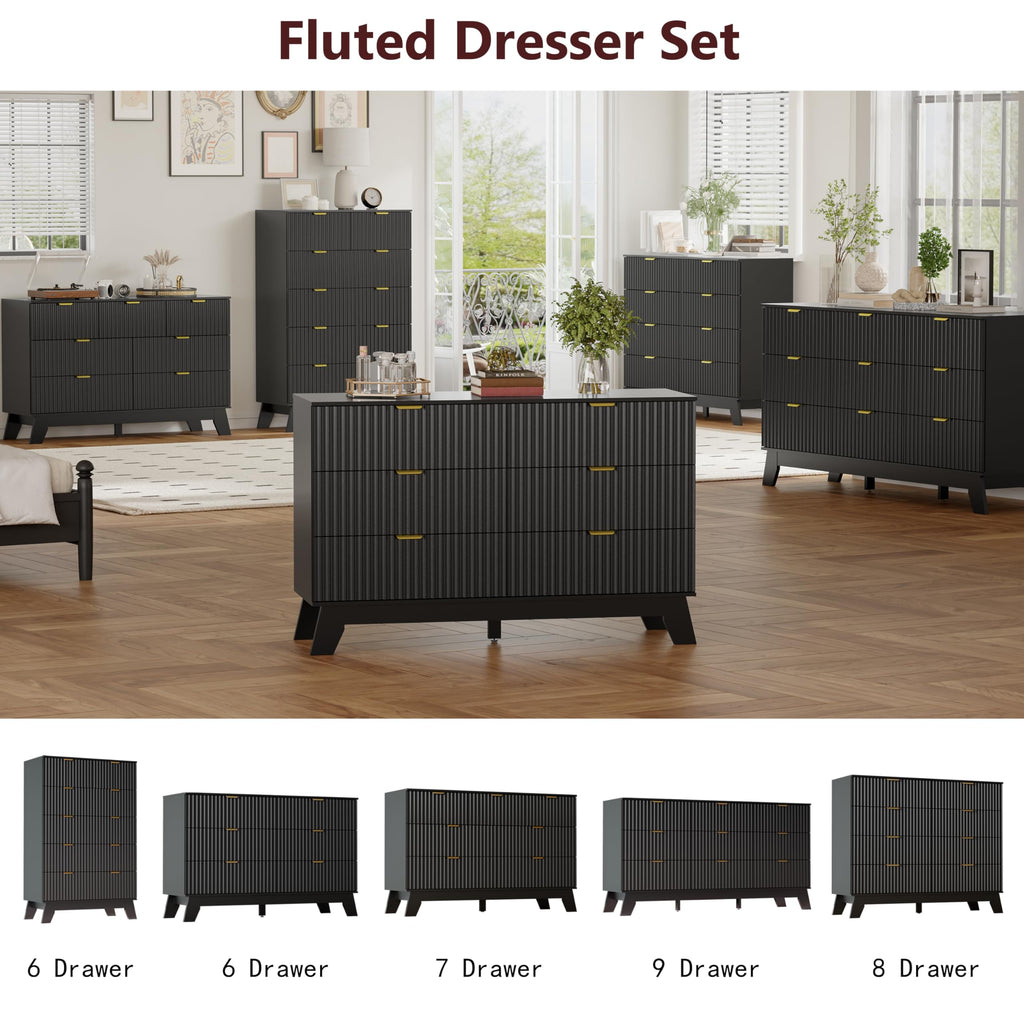 IAISRO 57-Inch Fluted 9-Drawer Dresser with Gold Handles