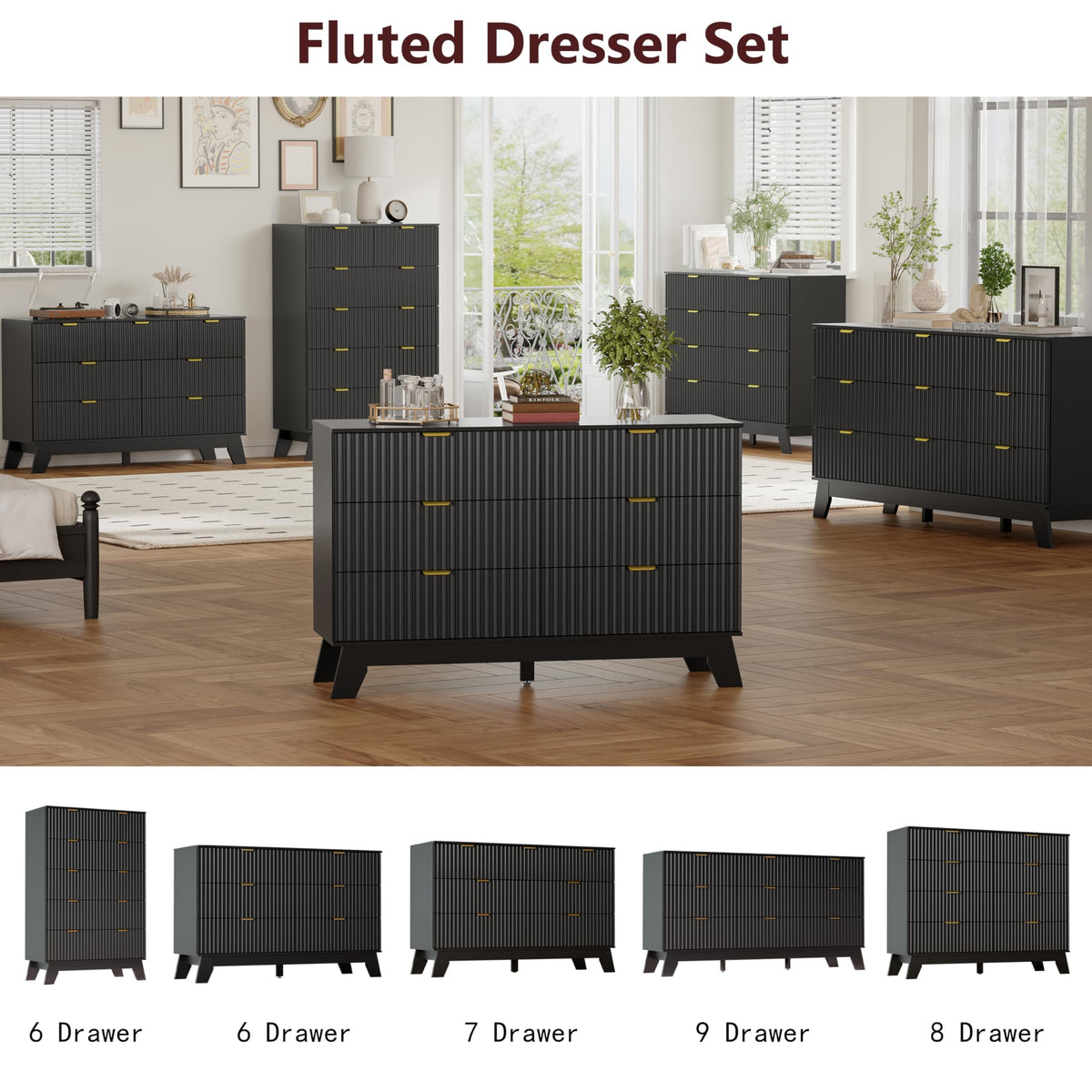 IAISRO 57-Inch Fluted 9-Drawer Dresser with Gold Handles