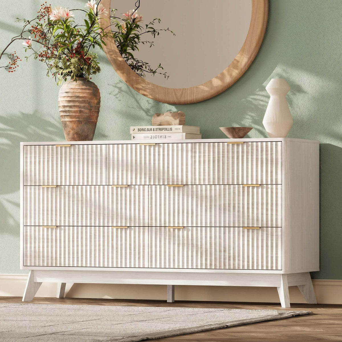 TROJM Fluted Bedroom Dresser with Curved Edge Design