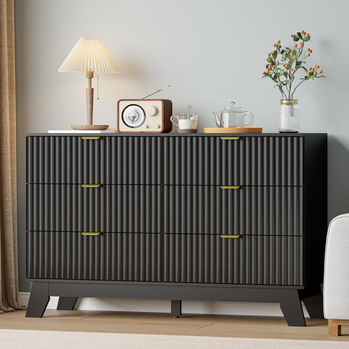 IAISRO 57-Inch Fluted 9-Drawer Dresser with Gold Handles