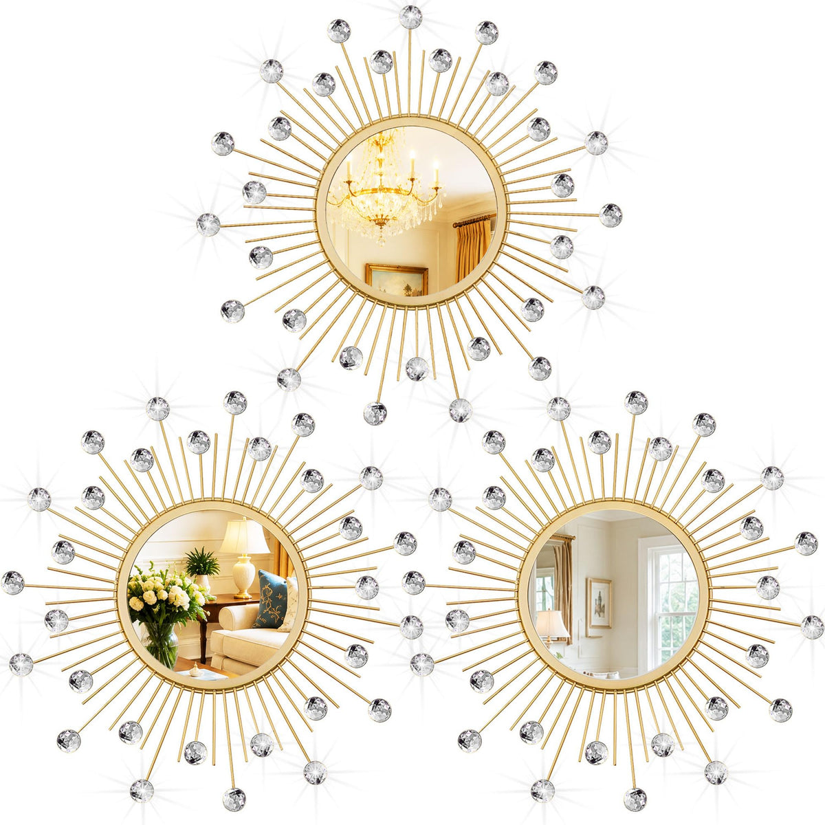 Gold Metal Sunburst Decorative Wall Mirrors, Set of 3
