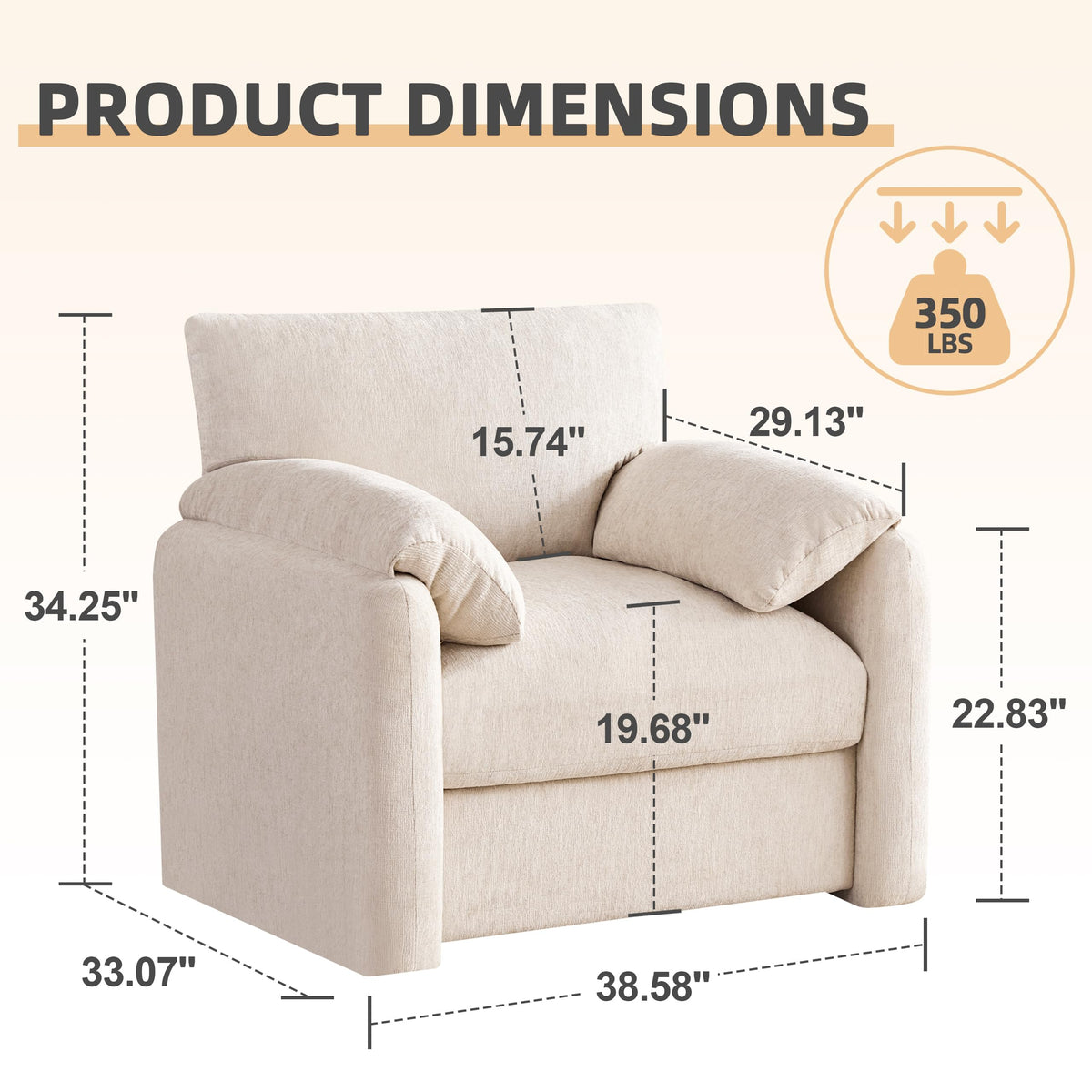 Chenille Oversized Armchair, 38.6" Wide Accent Chairs for Living Room & Bedroom Modern Lounge Chair, Upholstered Mid-Century Reading Chair, Comfy Living Room Chair, Single Sofa Chair, Beige