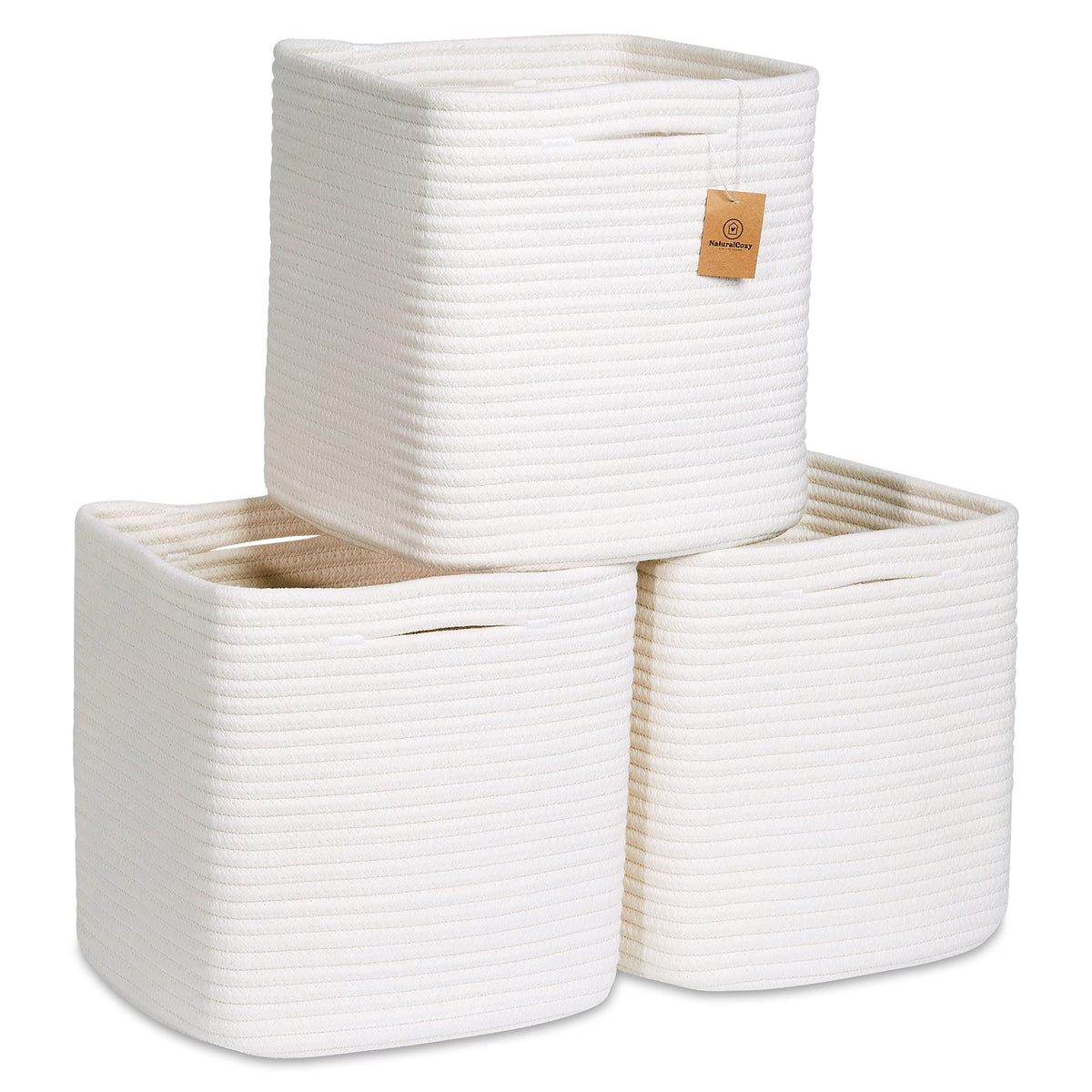 NaturalCozy 11-Inch Cube Rope Storage Baskets, 3-Pack