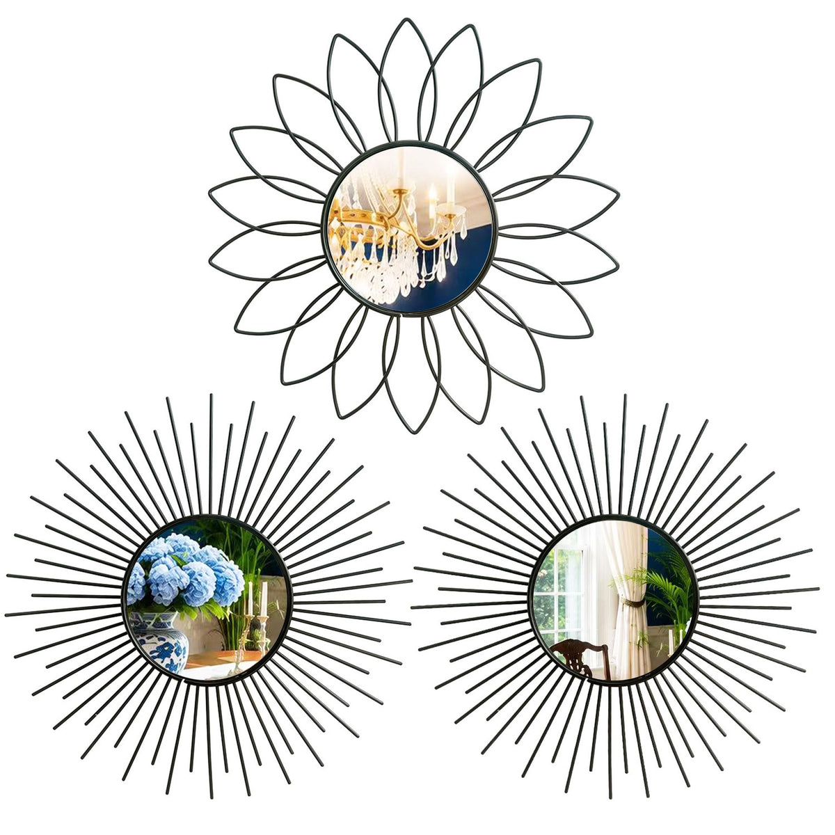 Gold Metal Sunburst Decorative Wall Mirrors, Set of 3