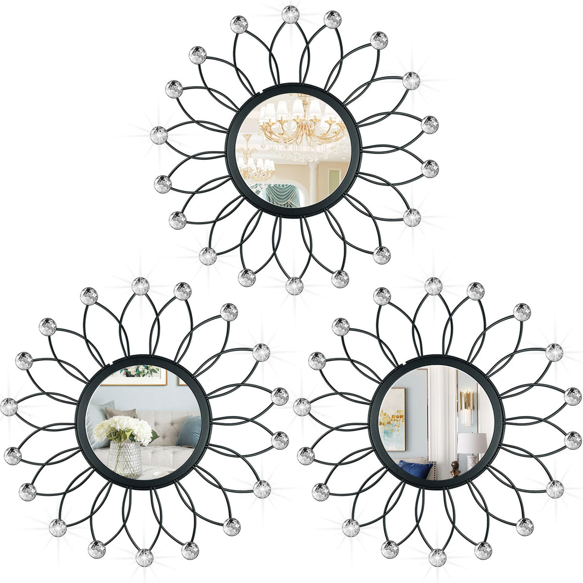 Gold Metal Sunburst Decorative Wall Mirrors, Set of 3