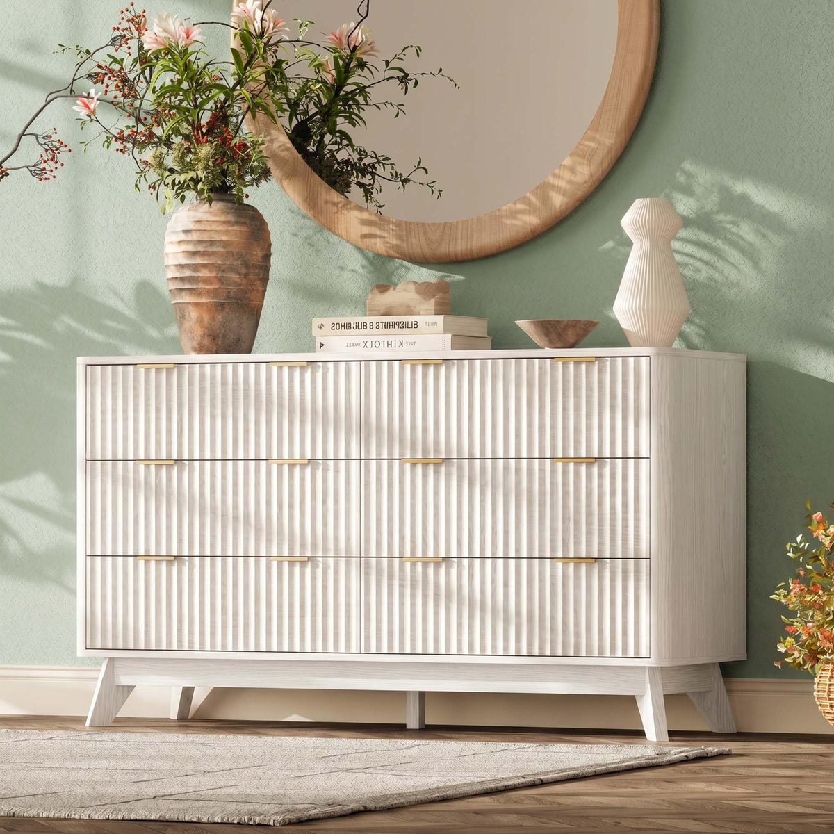 TROJM Fluted Bedroom Dresser with Curved Edge Design