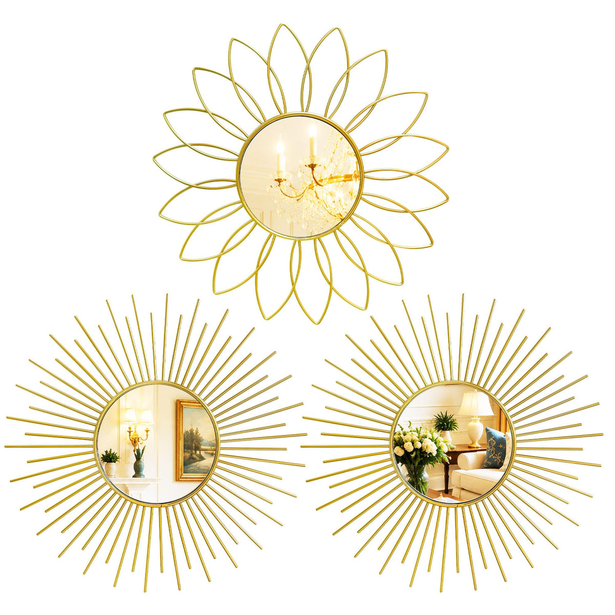 Gold Metal Sunburst Decorative Wall Mirrors, Set of 3