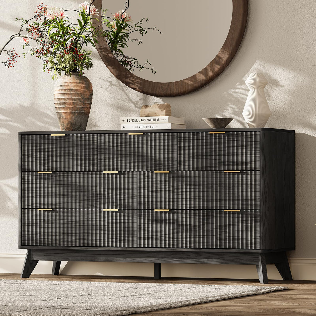 TROJM Fluted Bedroom Dresser with Curved Edge Design
