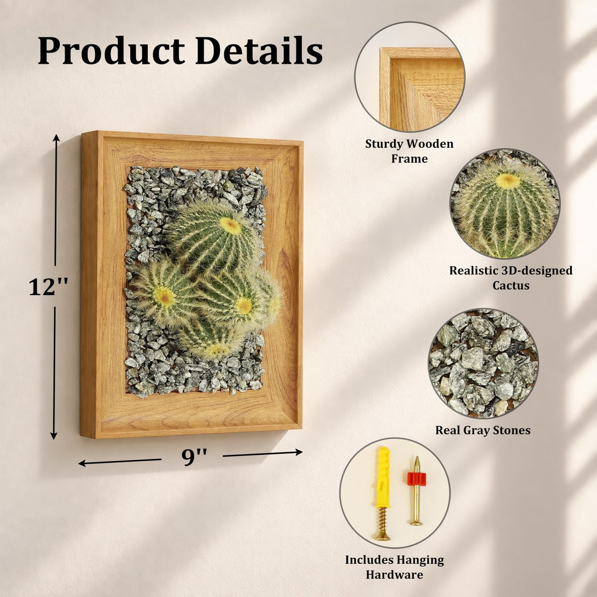 OKKMAX 3D Cactus Wall Art with Realistic Wooden Frame