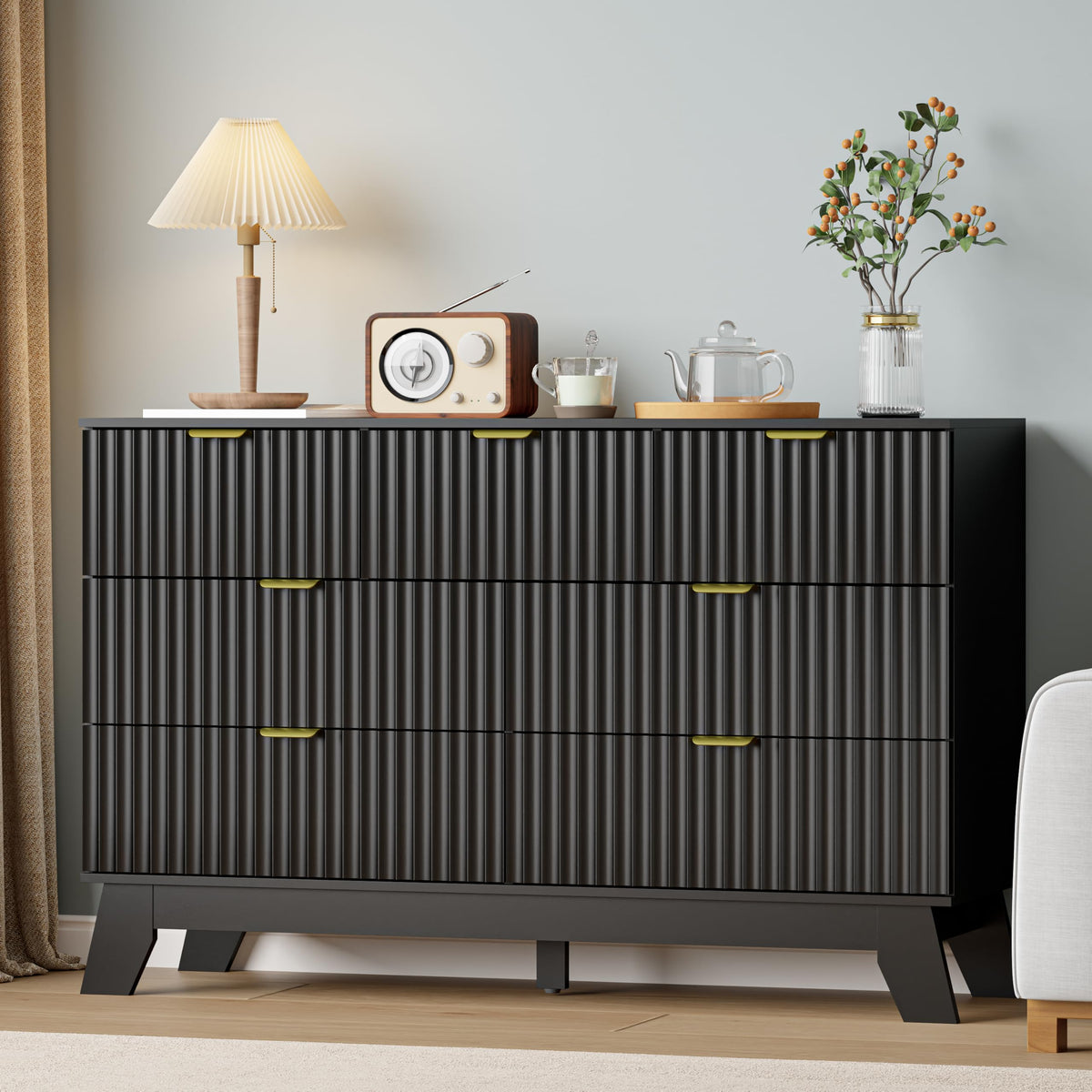 IAISRO 57-Inch Fluted 9-Drawer Dresser with Gold Handles