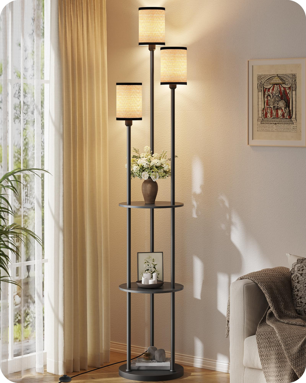 GOEBLESON 3-Light Floor Lamp with Shelves & Foot Switch