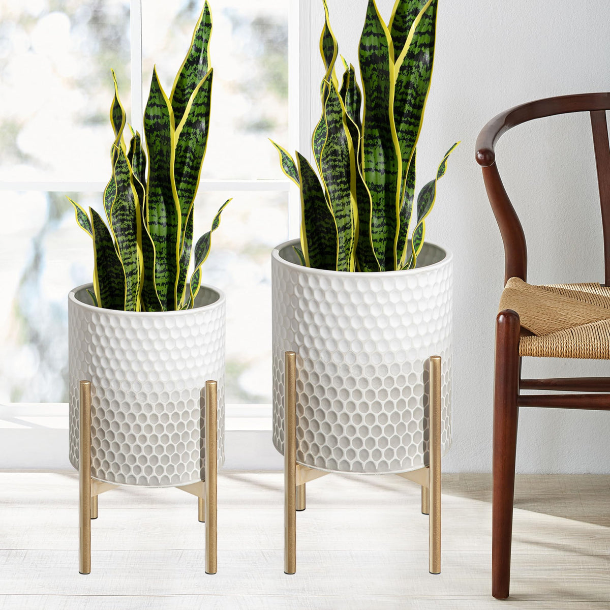 Oakrain Modern Metal Indoor Plant Pots with Stand, Set of 2