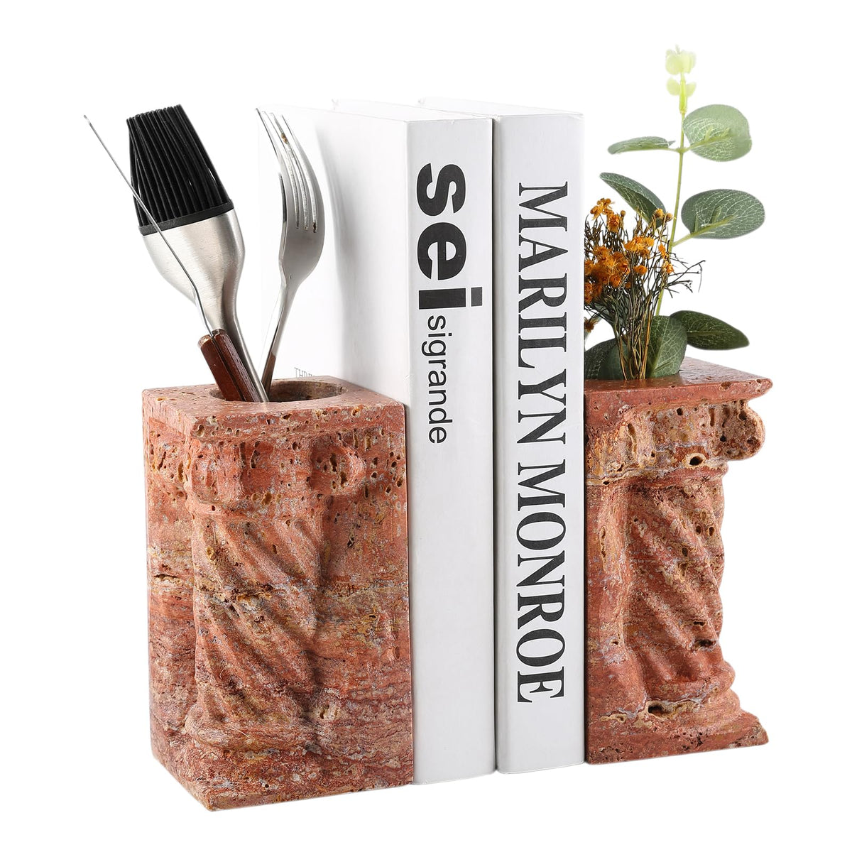 Roman Column Marble Bookends with Flower Vase Function