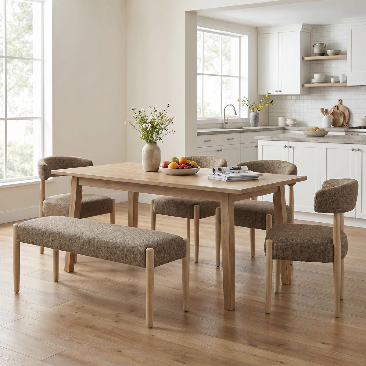 VKNOW Upholstered Dining Chairs, Set of 4 with Bench