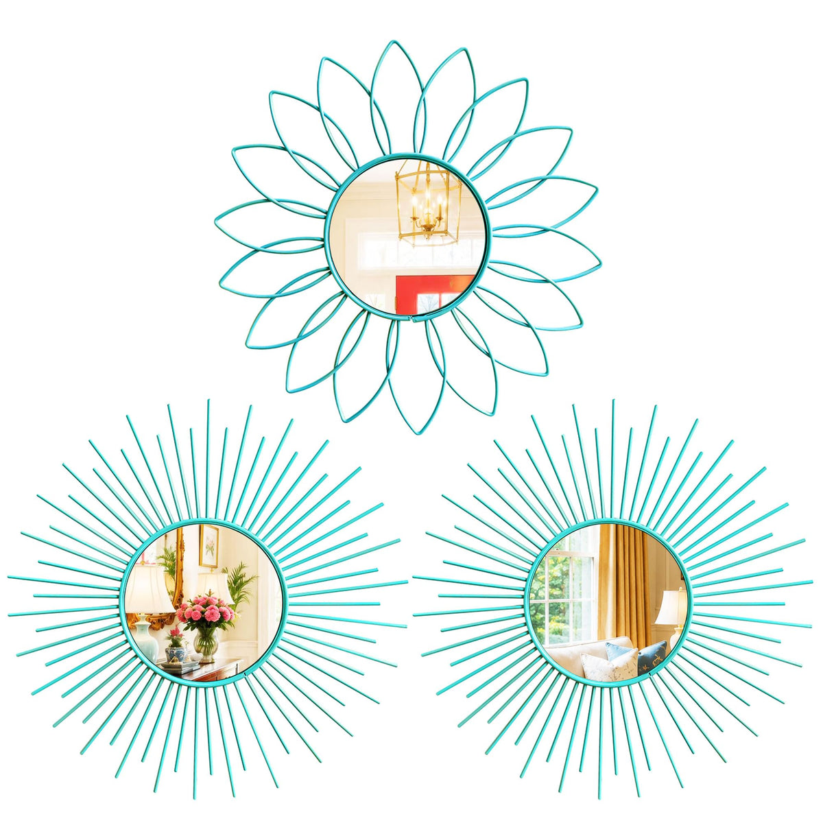 Gold Metal Sunburst Decorative Wall Mirrors, Set of 3