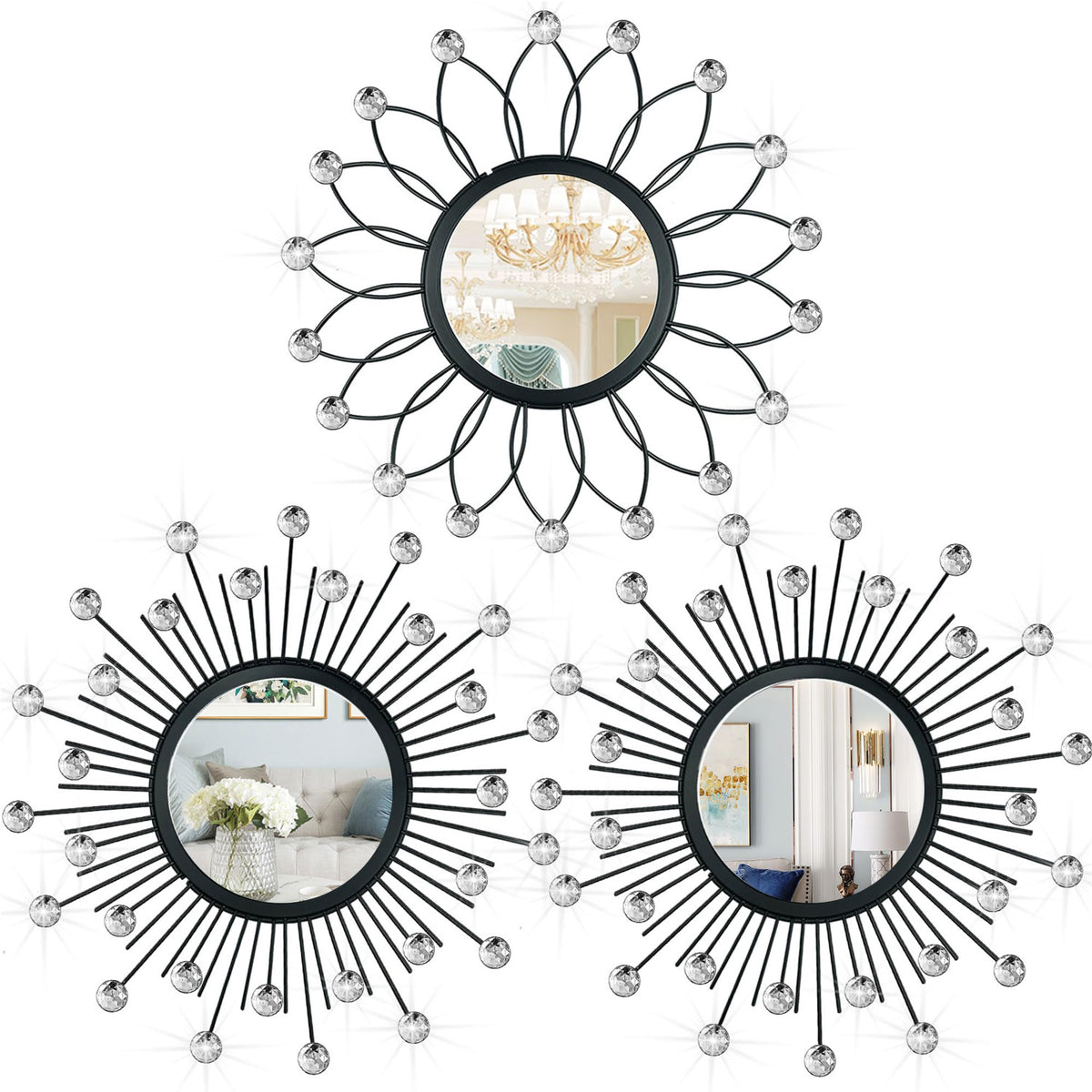 Gold Metal Sunburst Decorative Wall Mirrors, Set of 3