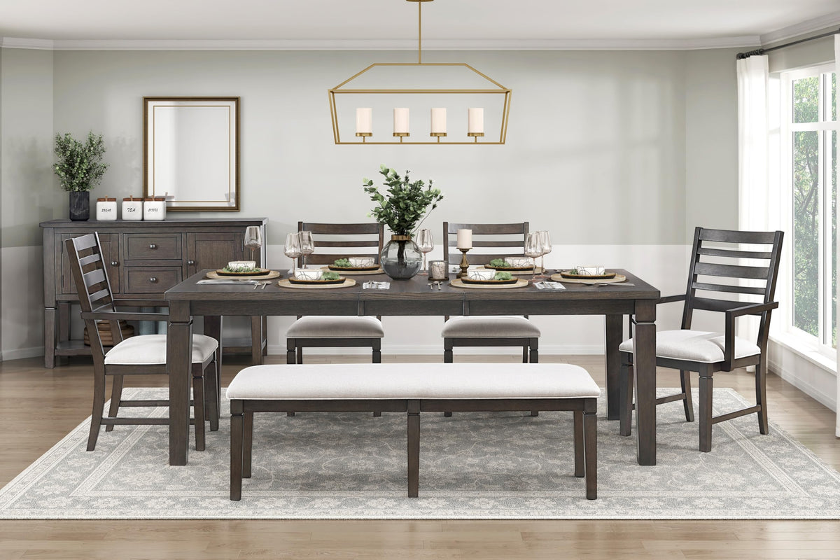 6pc Dining Set Dark Espresso Table with Extension Leaf Bench Chairs Comfortable Seats Wooden Dining Furniture