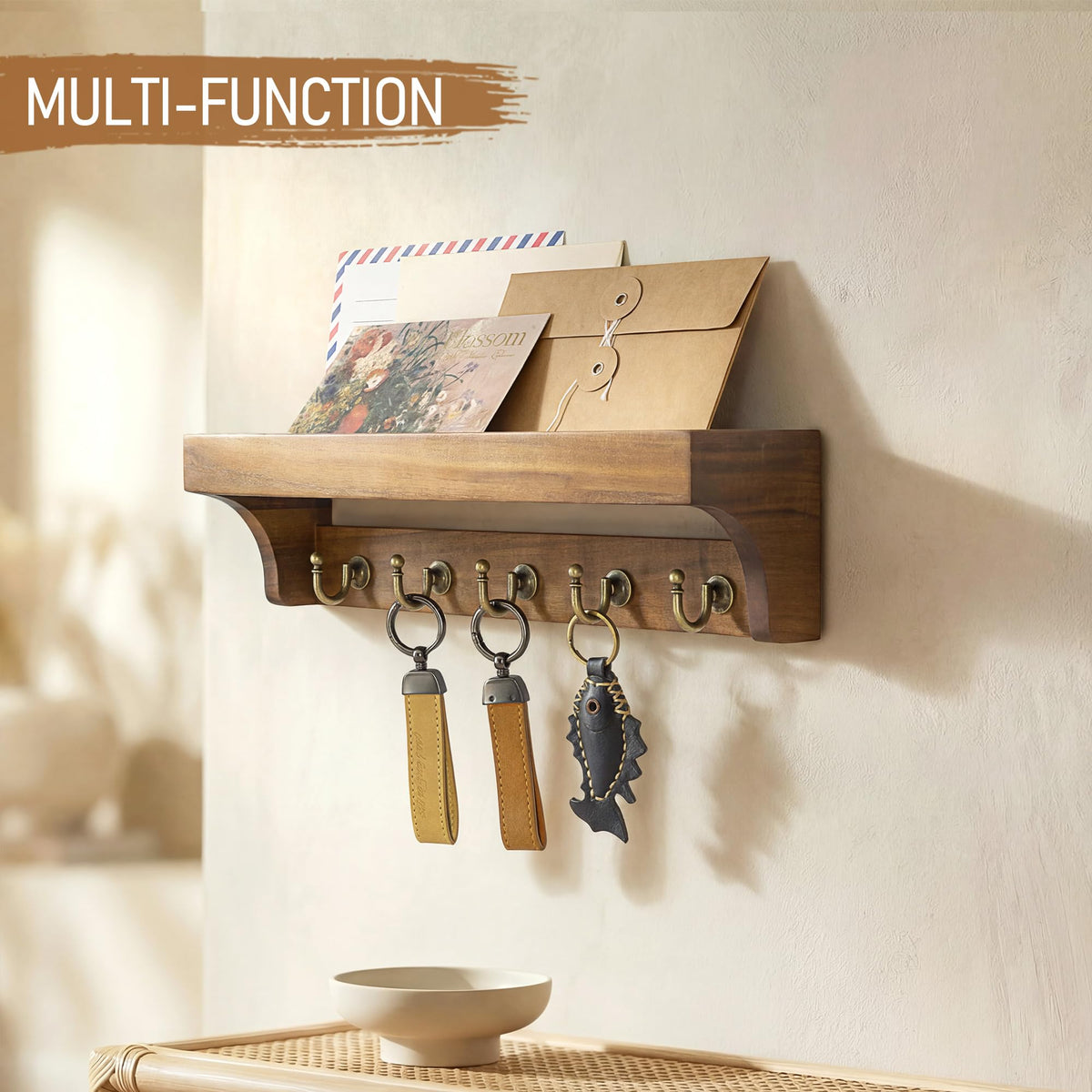 Rebee Vision 14-Inch Wall Key & Mail Holder with Hooks