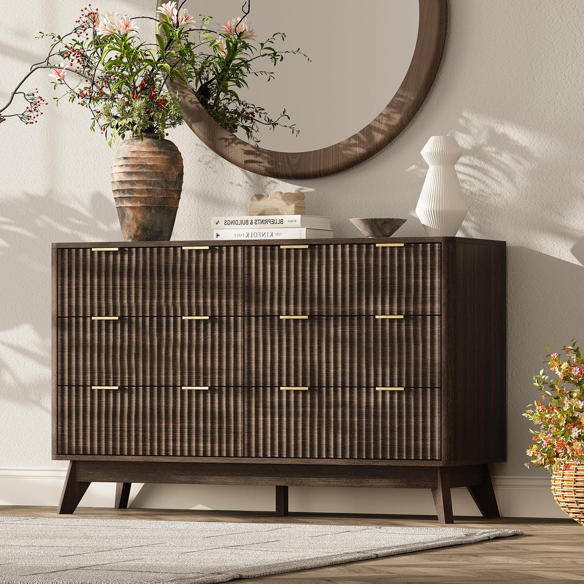 TROJM Fluted Bedroom Dresser with Curved Edge Design