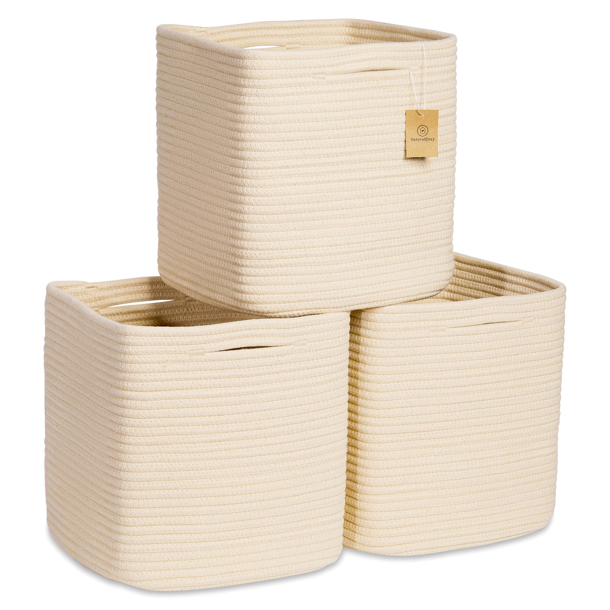 NaturalCozy 11-Inch Cube Rope Storage Baskets, 3-Pack