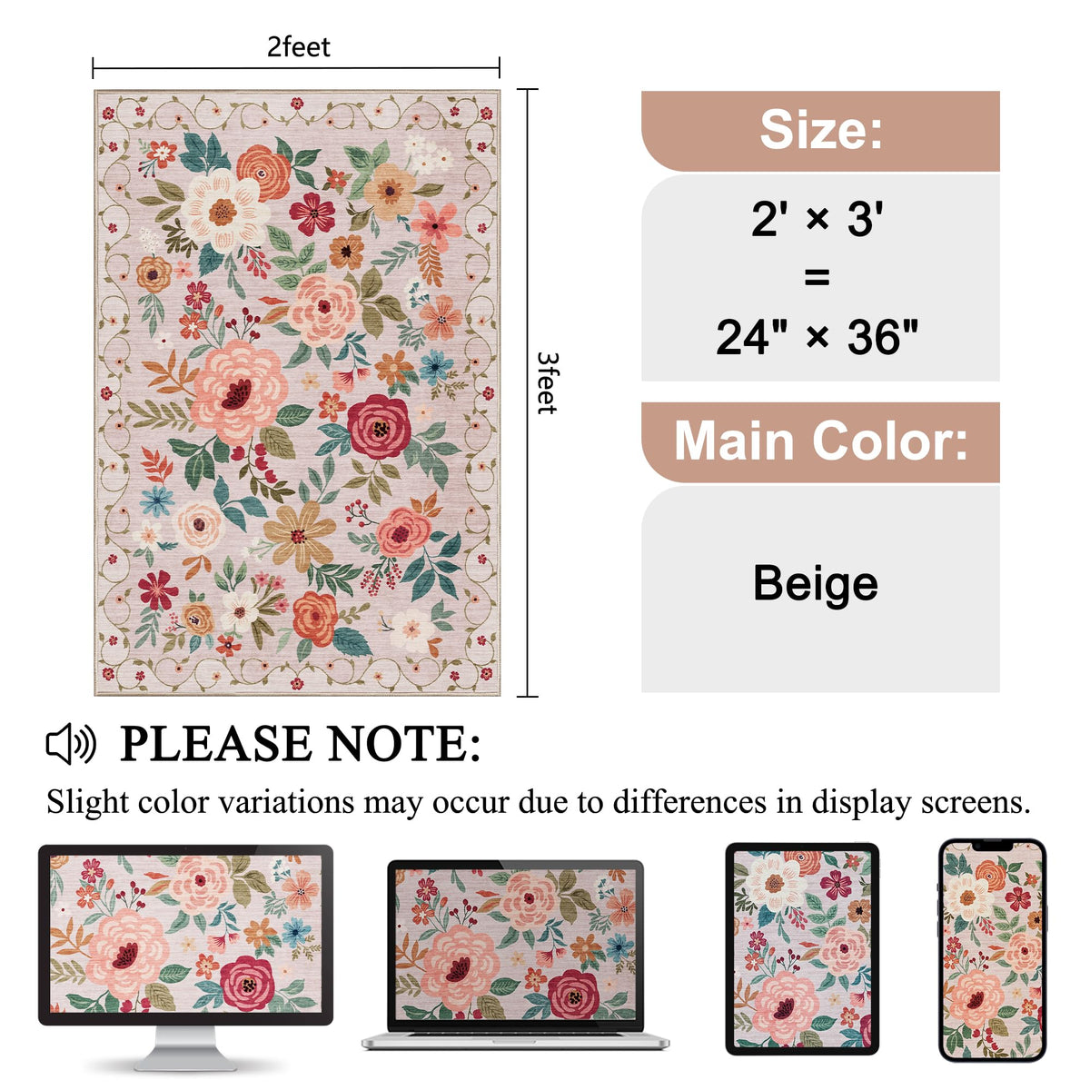 DUKINO Black Floral Area Rug for Modern Home Decor