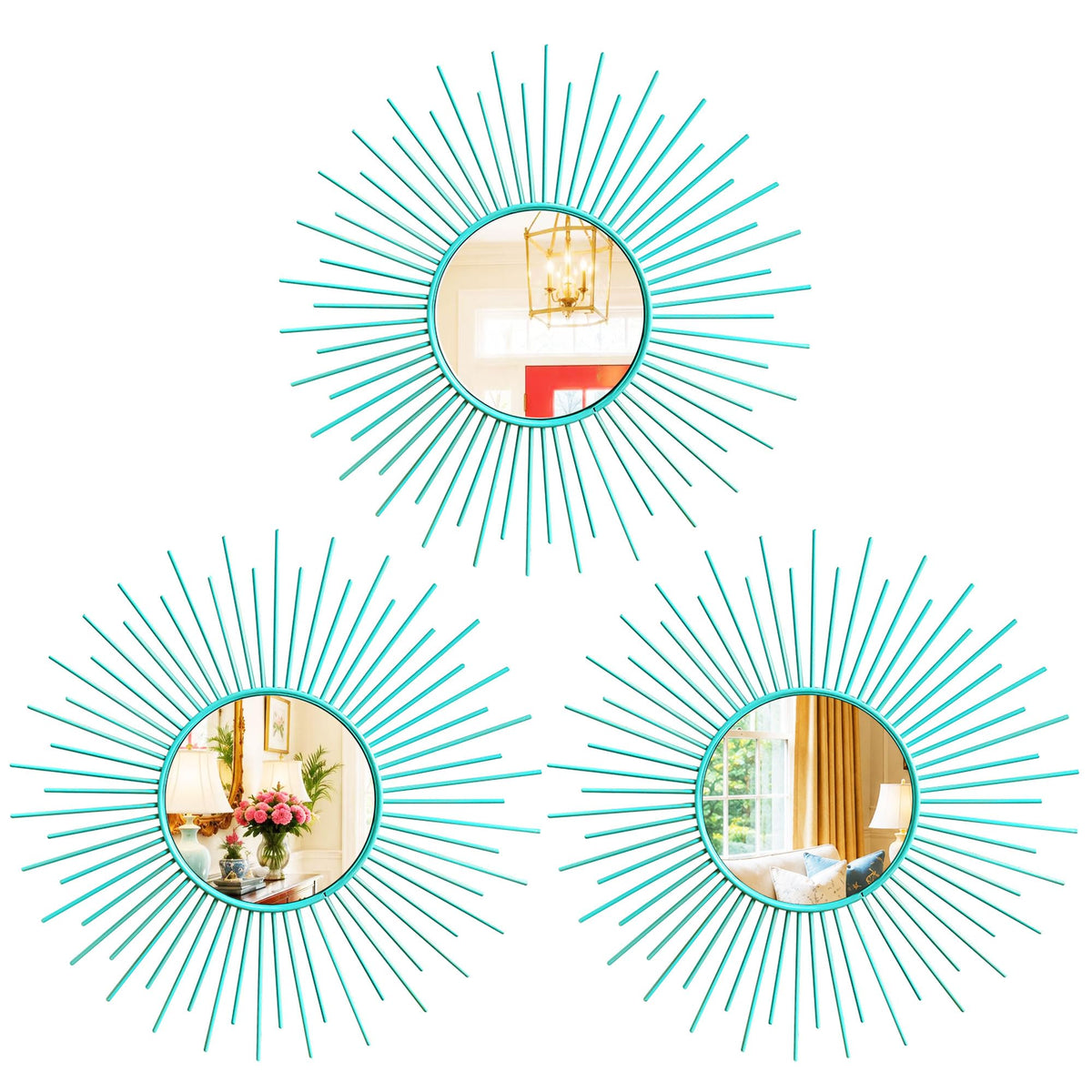 Gold Metal Sunburst Decorative Wall Mirrors, Set of 3