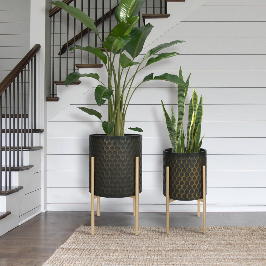 Oakrain Modern Metal Indoor Plant Pots with Stand, Set of 2