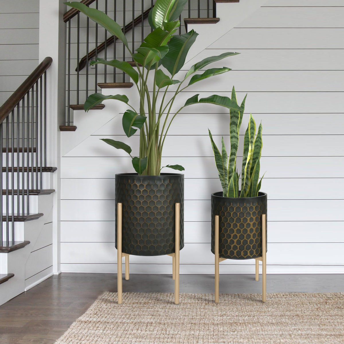Oakrain Modern Metal Indoor Plant Pots with Stand, Set of 2