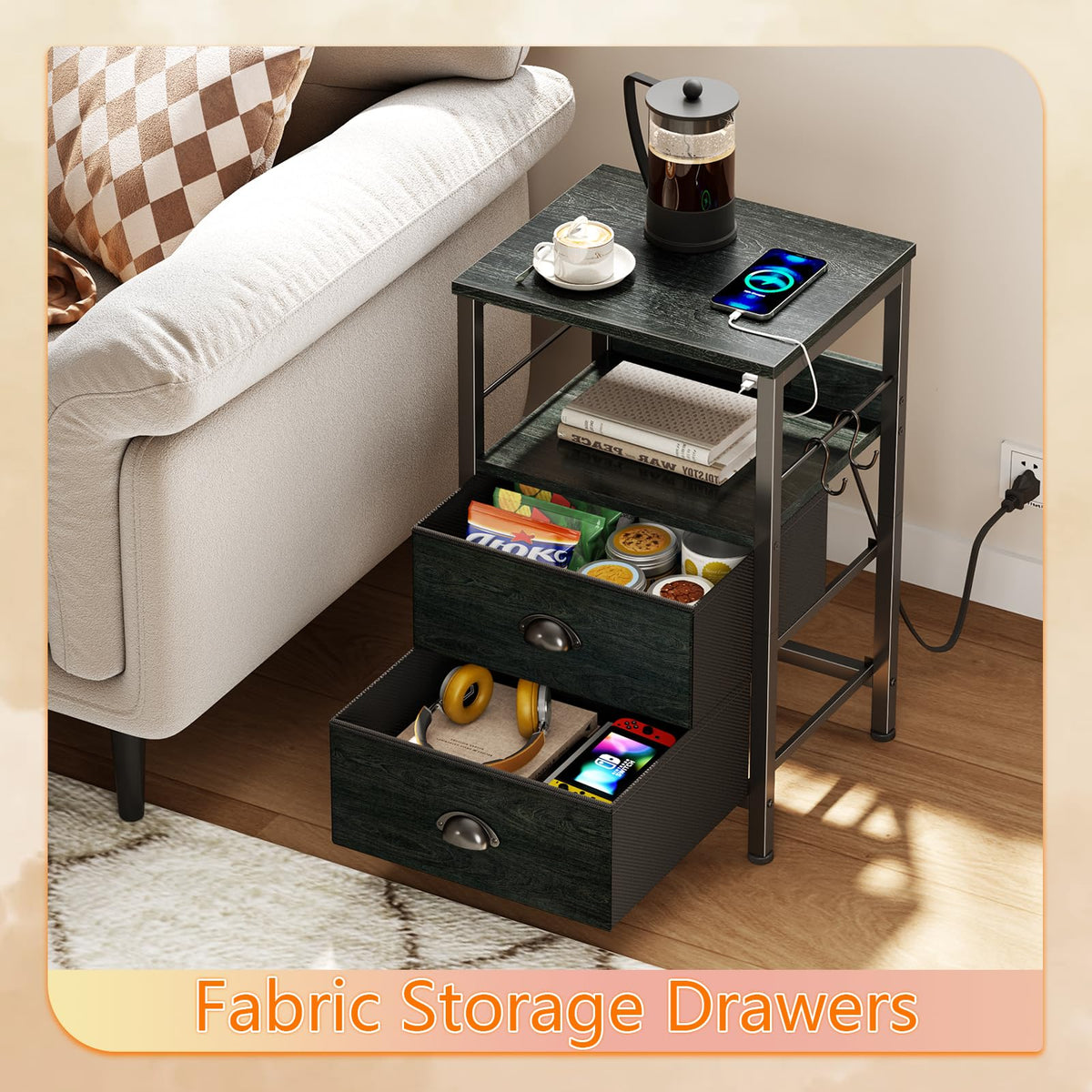 Furologee Nightstands with Charging Station, Set of 2