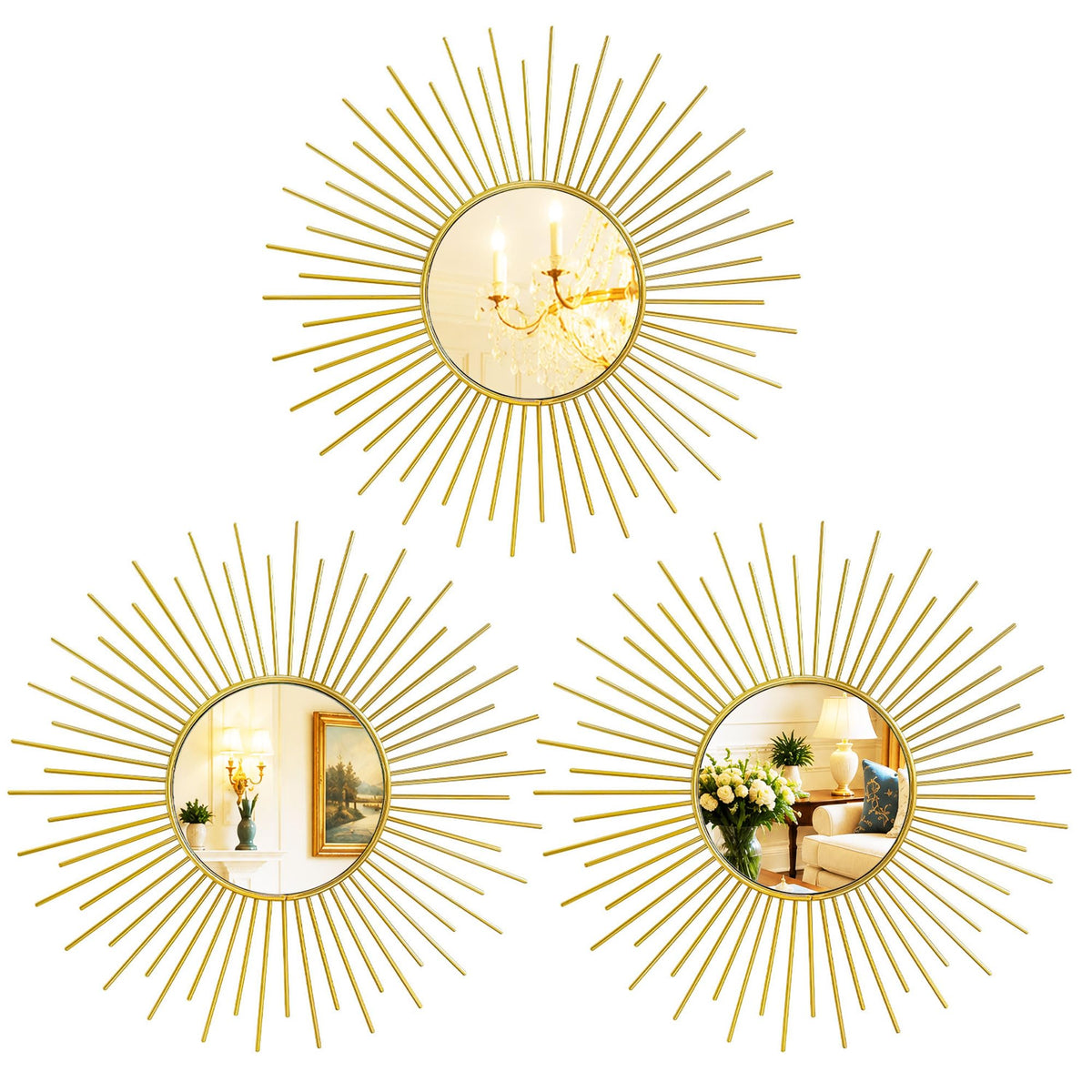Gold Metal Sunburst Decorative Wall Mirrors, Set of 3