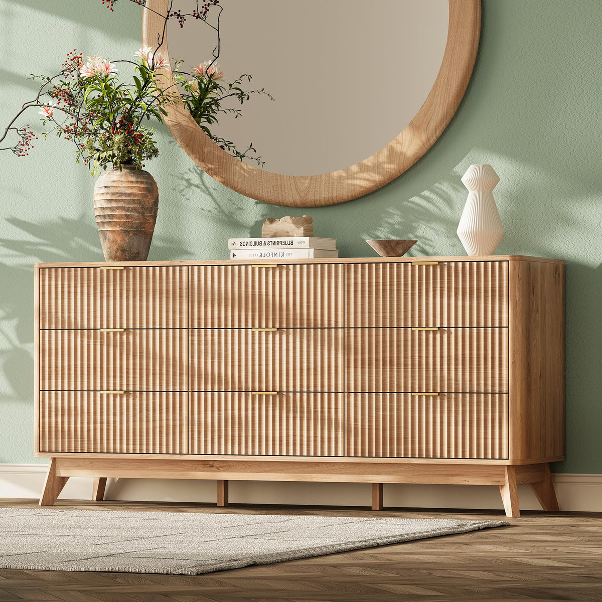 TROJM Fluted Bedroom Dresser with Curved Edge Design