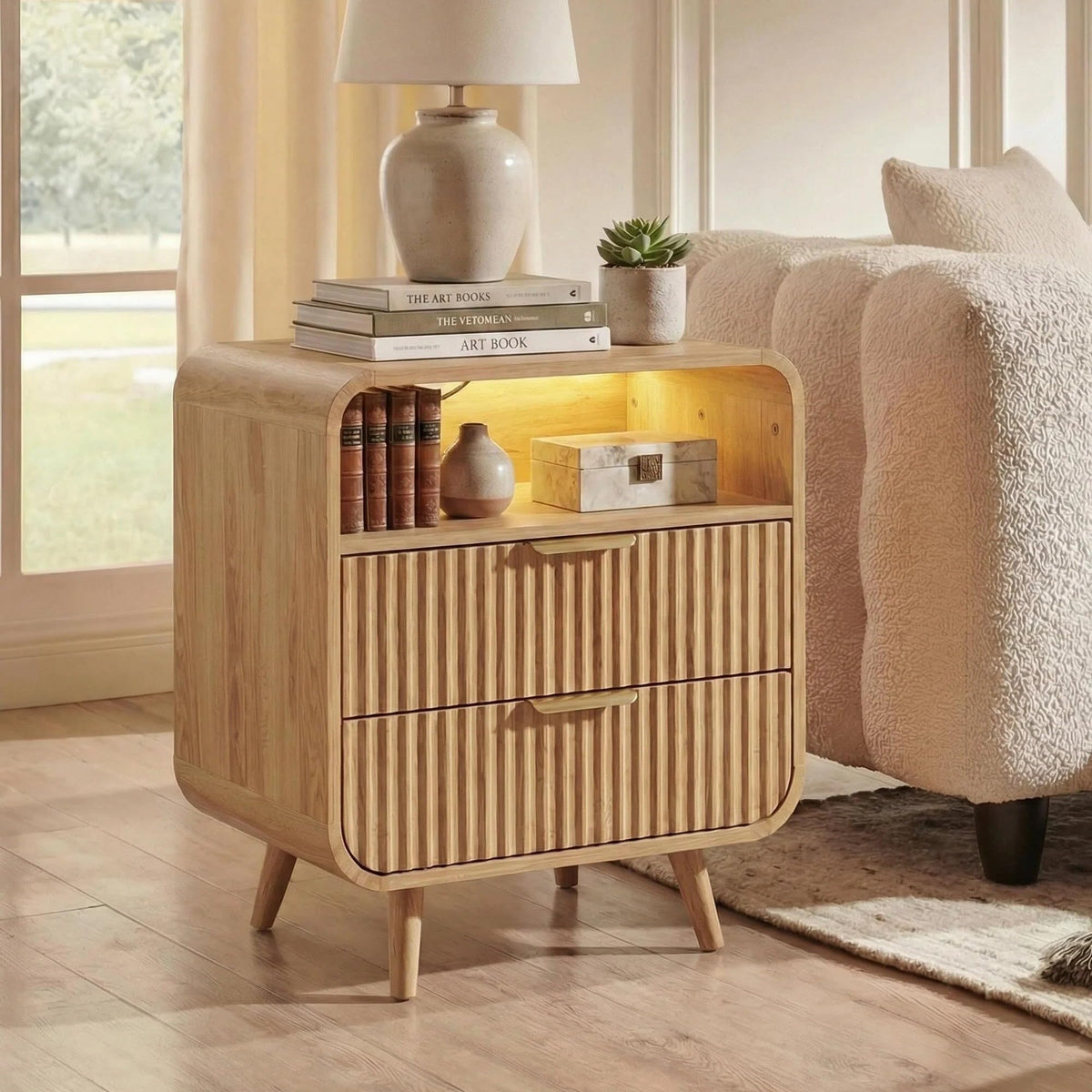 Curved 2-Drawer Nightstand with Charging Station & LED Light