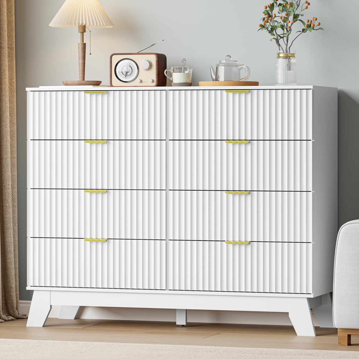 IAISRO 57-Inch Fluted 9-Drawer Dresser with Gold Handles