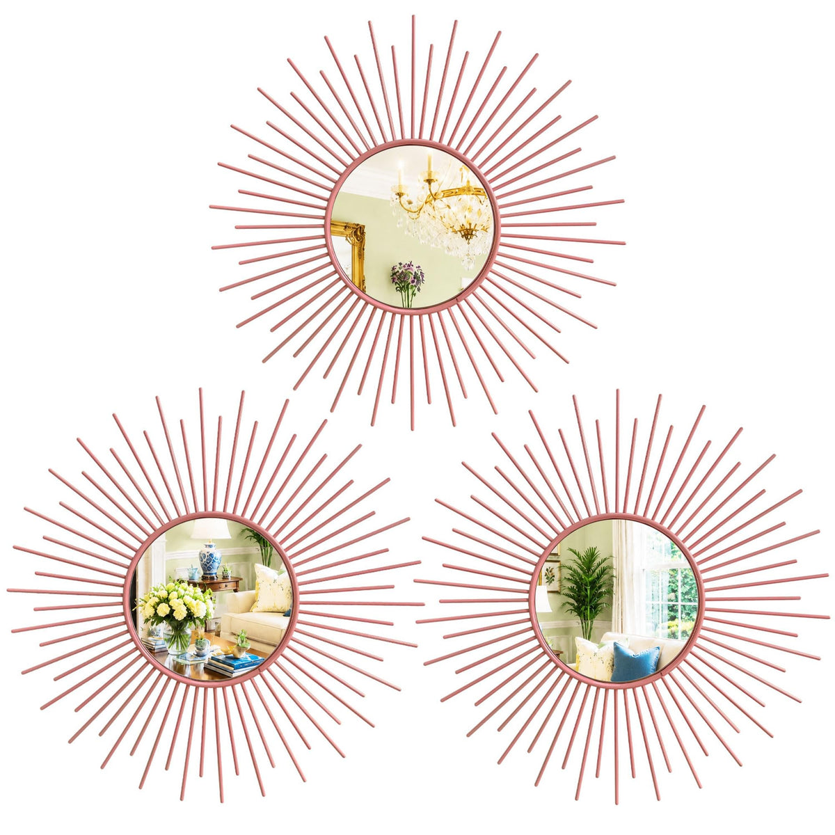 Gold Metal Sunburst Decorative Wall Mirrors, Set of 3
