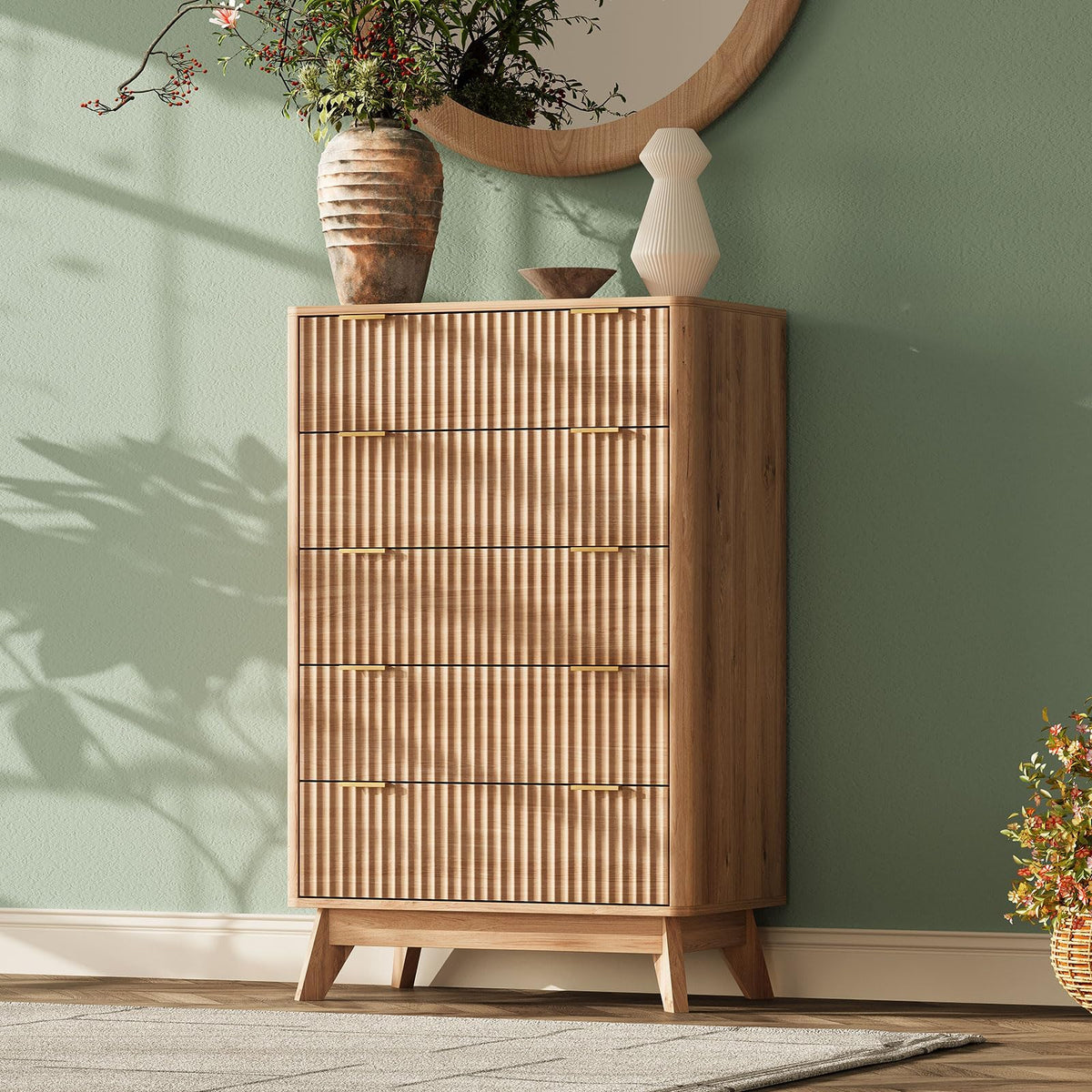 TROJM Fluted Bedroom Dresser with Curved Edge Design