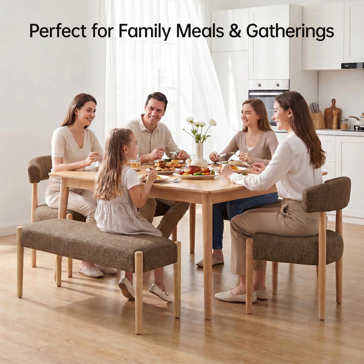 VKNOW Upholstered Dining Chairs, Set of 4 with Bench