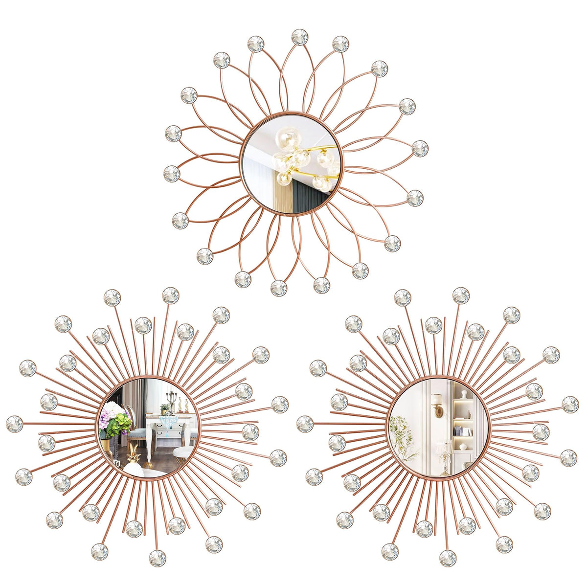 Gold Metal Sunburst Decorative Wall Mirrors, Set of 3