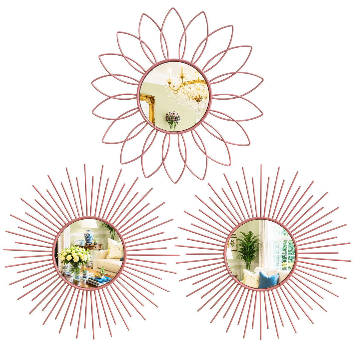 Gold Metal Sunburst Decorative Wall Mirrors, Set of 3