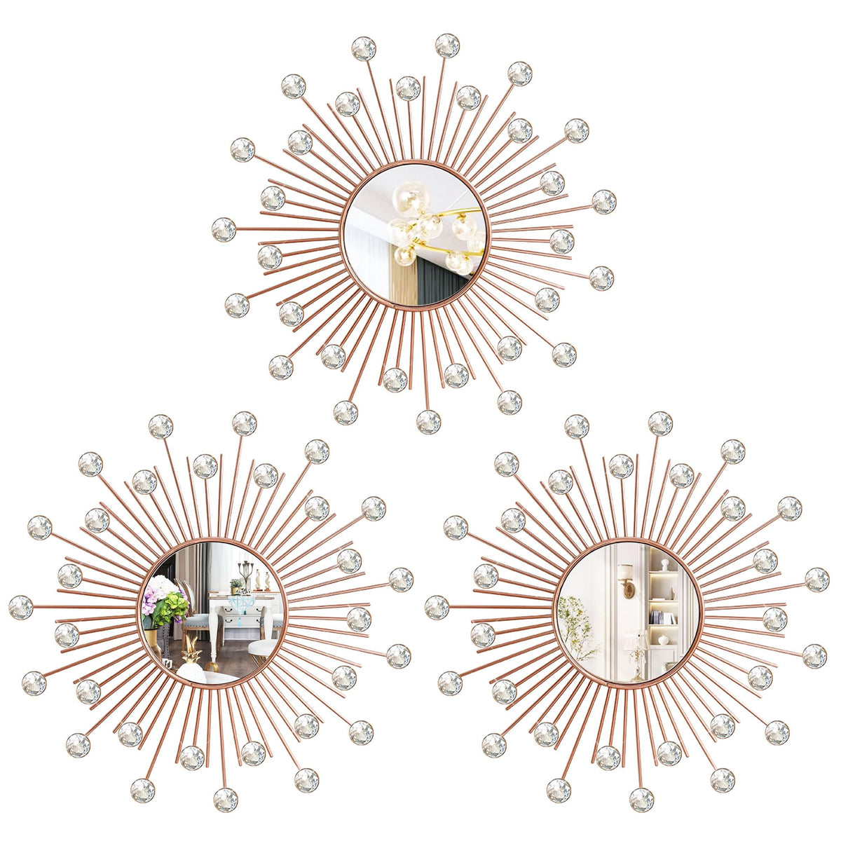 Gold Metal Sunburst Decorative Wall Mirrors, Set of 3