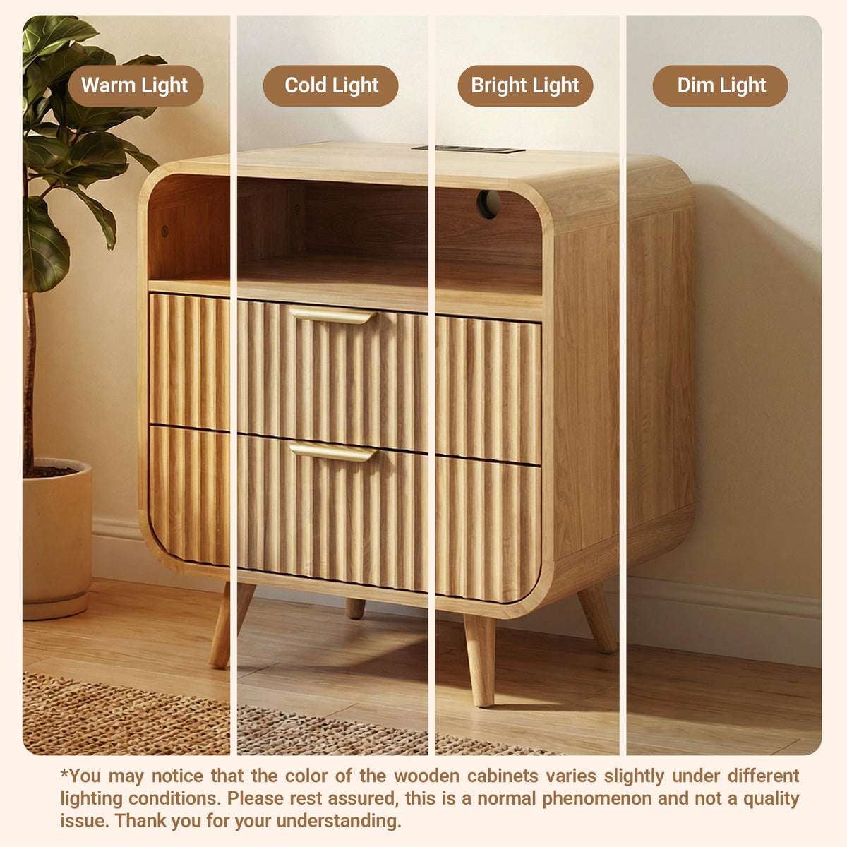 Curved 2-Drawer Nightstand with Charging Station & LED Light