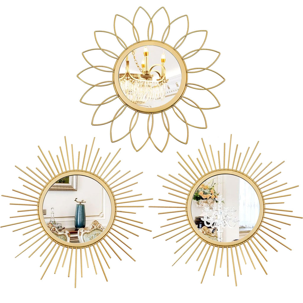 Gold Metal Sunburst Decorative Wall Mirrors, Set of 3