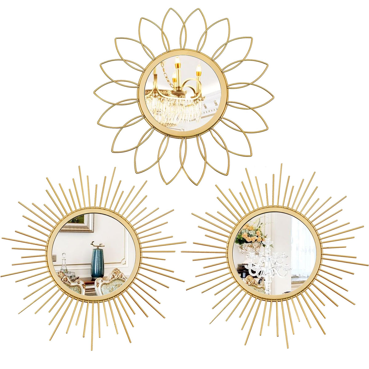 Gold Metal Sunburst Decorative Wall Mirrors, Set of 3