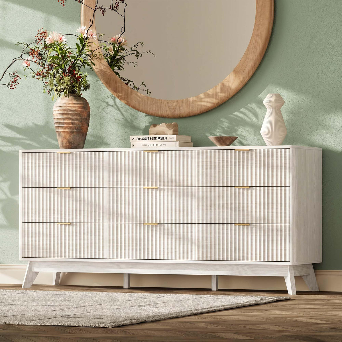 TROJM Fluted Bedroom Dresser with Curved Edge Design